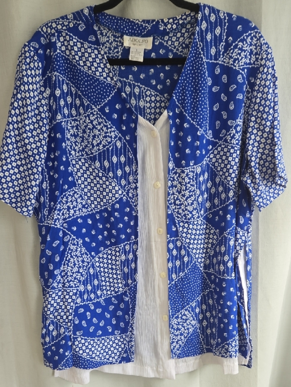 Adolfo Blue Patchwork Print Short Sleeve Button-Down with White Placket - Picture 4 of 13